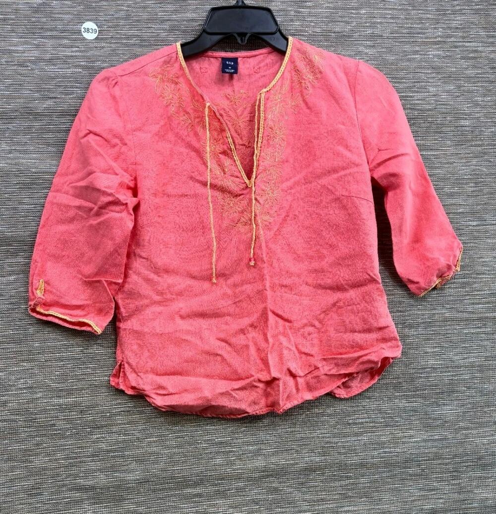 Gap 100% Linen Tunic Top w Embroidery Size M Coral Neck Tie 3/4 Sleeve